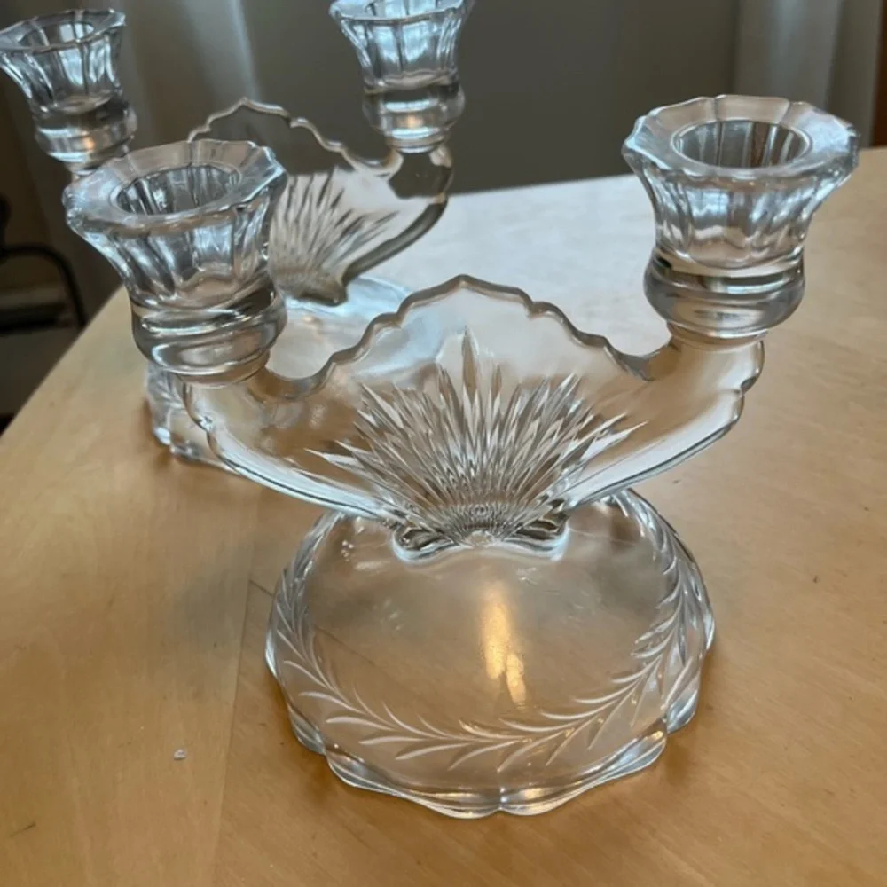 Vintage Clear Jeanette Glass Double Candlestick Sunburst Herringbone Set of Two